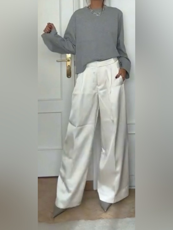 Zara Pants - ZARA High Waist Satin Ivory Pleated Straight Leg Trousers Pants sz Medium